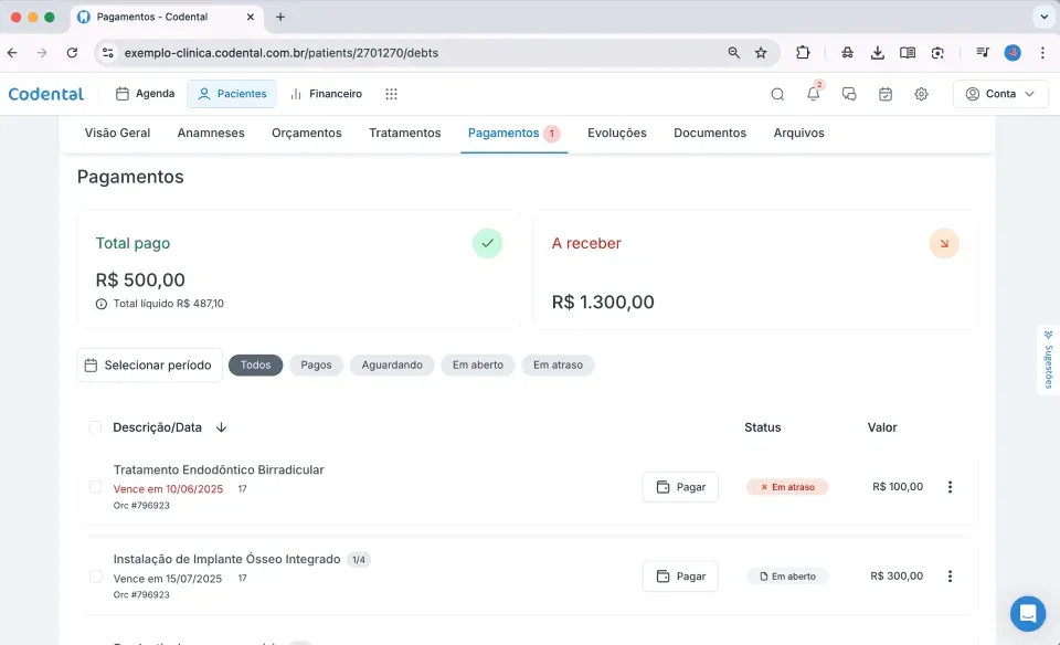 Controle financeiro do paciente