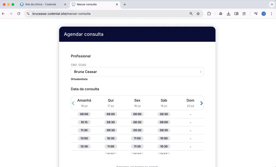 Página de agendamento online do Codental