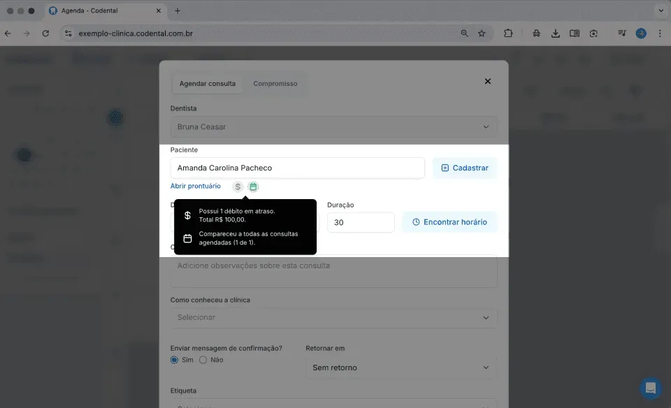 Tela de agendamento com alerta de débitos