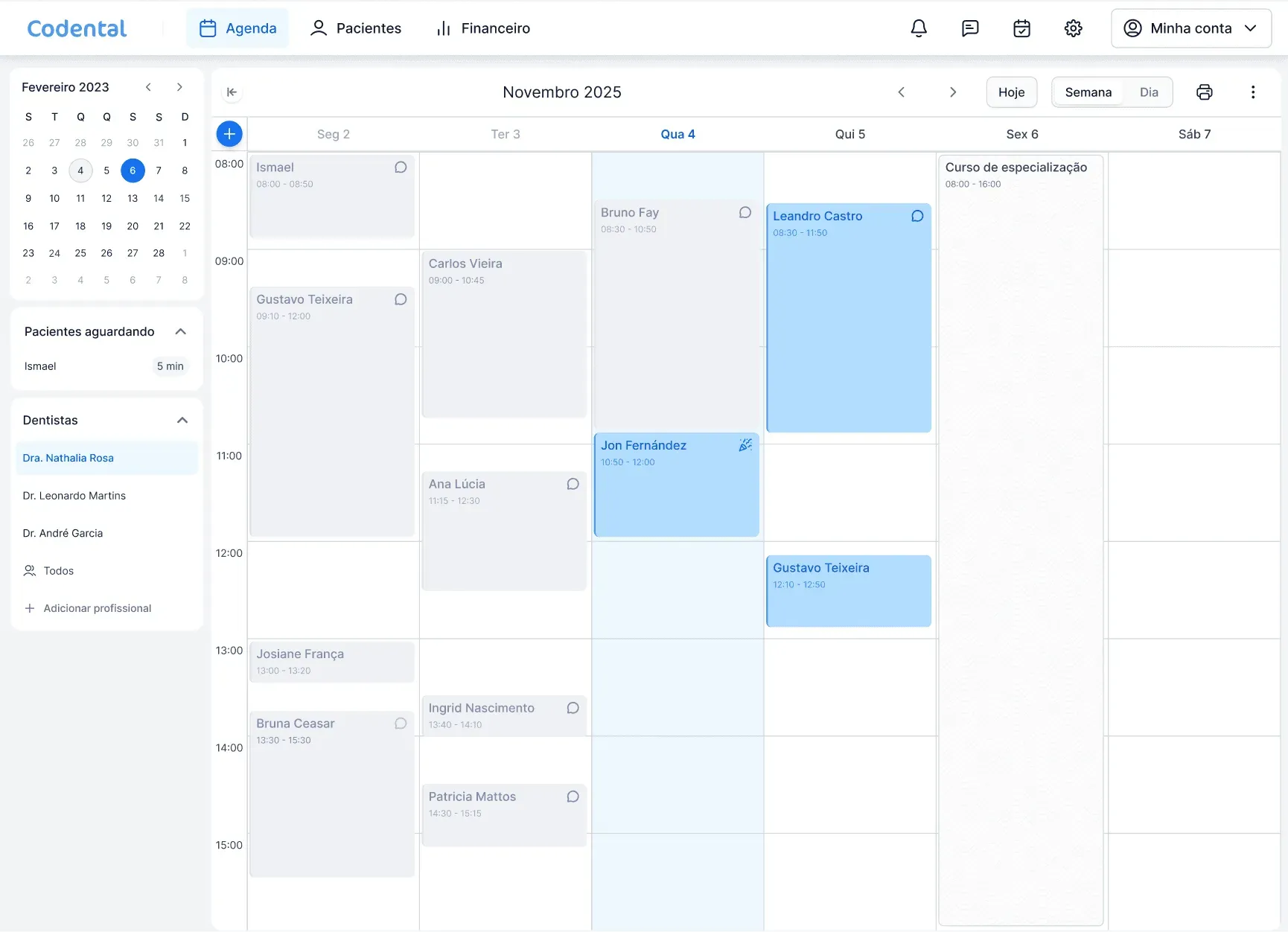 Agenda do Codental com visão semanal de consultas