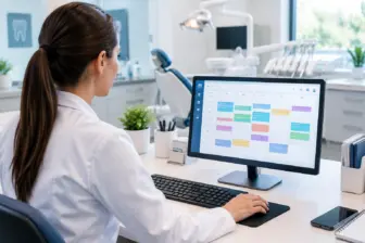 Dentista utilizando sistema de organização de agenda odontológica